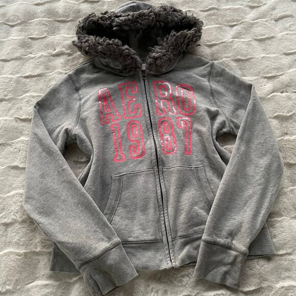 🔥Aeropostale Y2K Faux Fur Hood Sequins Spell Out Full Zip Gray Sweatshirt Sz XL - Picture 2 of 16